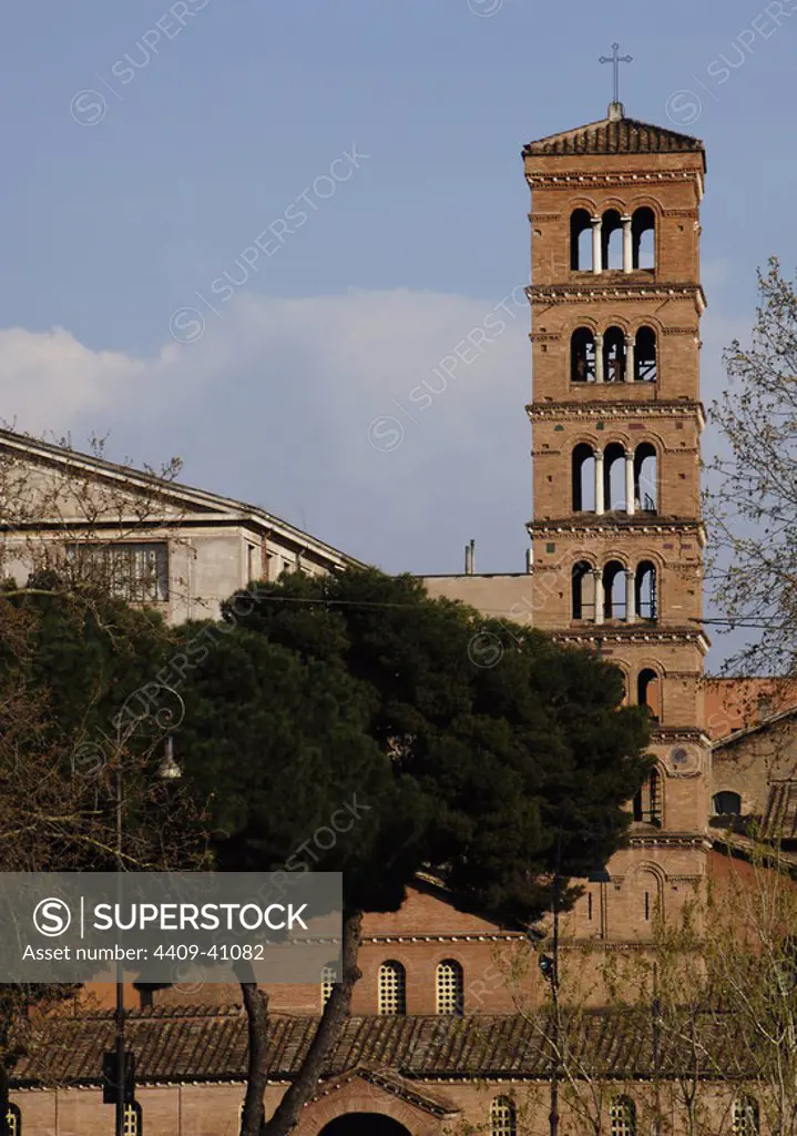 Italy. Rome. Bell tower, 12th century, of the Basilica of Saint Mary in Cosmedin.