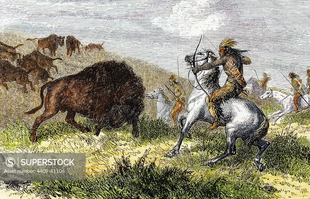 Indians hunting bison. Engraving. 19th century.