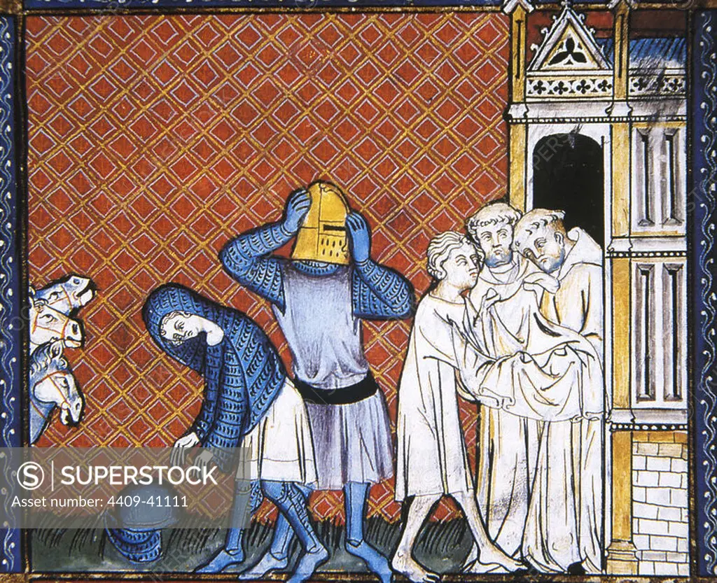 Knight back from a tournament, rests on a monastery. Compilation of Treaties of Devotion (Traites de Devotion). Miniature. 15th century. Castle of Chantilly. France.