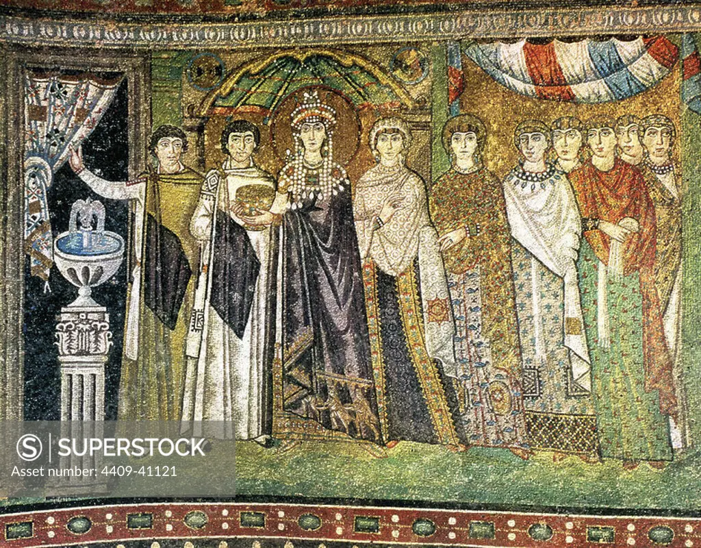 Empress Theodora I (500-548) with a court of ladies. Mosaic. 6th century. Basilica of Saint Vitale. Ravenna. Italy.