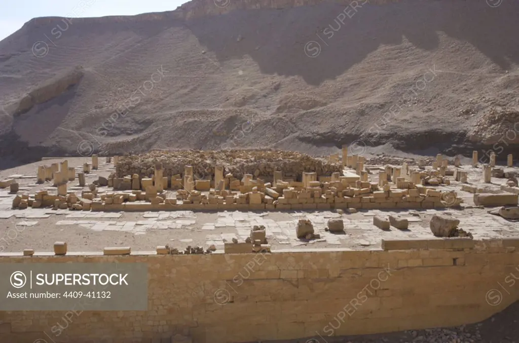 Ruins of one of the temple next to the Temple of Hatshepsut. Deir el-Bahari. Egypt. New Kingdom.