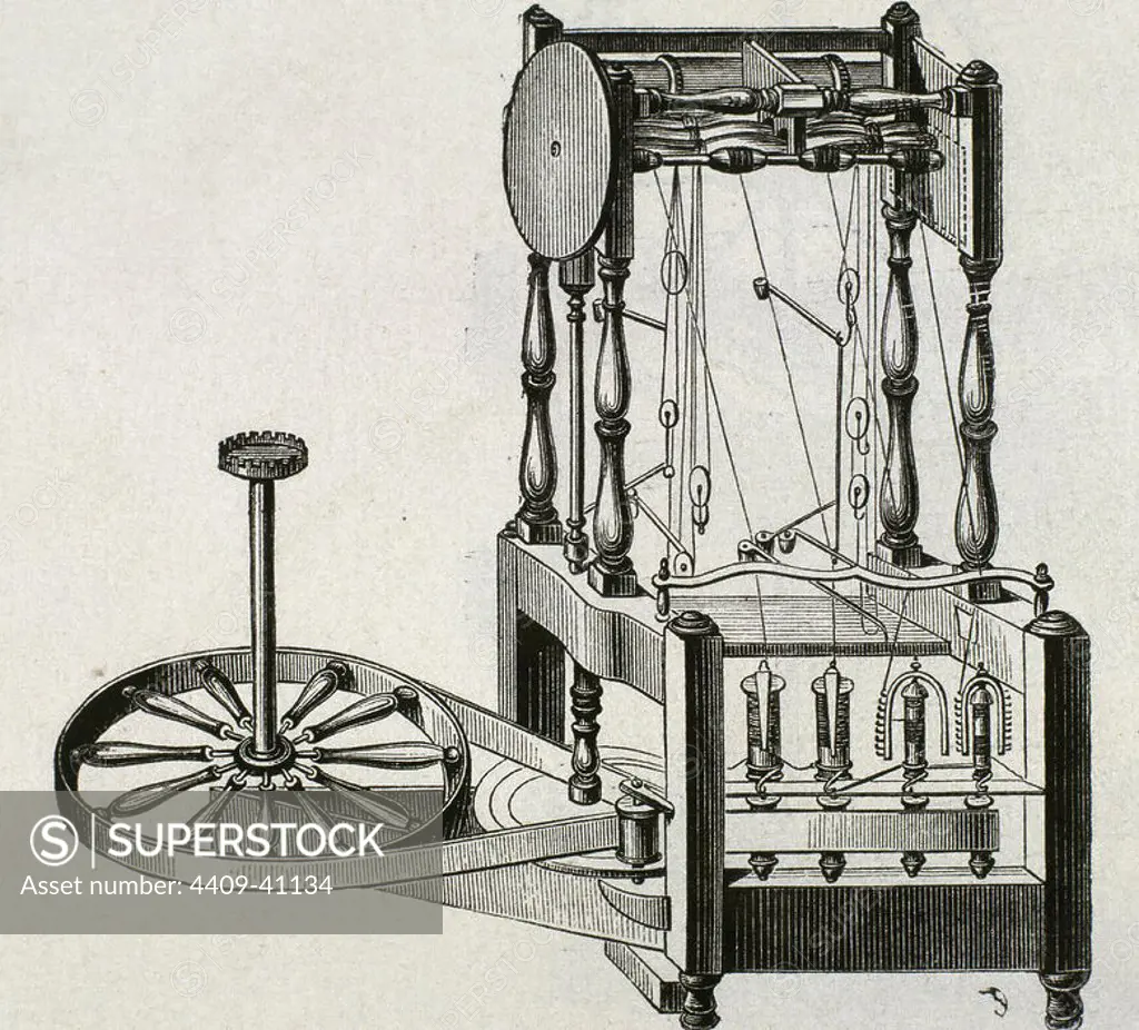 ARKWRIGHT THREADER. Designed in 1767 by Sir Richard ARKWRIGHT (1732-1792). It was a semi-mechanical machine for spinning cotton, powered by hydraulic energy. 18th century. ENGRAVING.