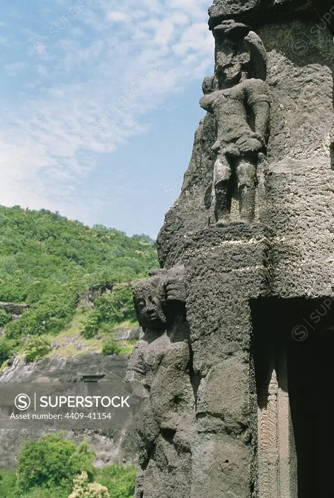 India. Maharashtra. Ajanta Caves. Rock-cut cave monuments which date from the 2nd century BCE to the 600 CE. UNESCO World Heritage Site. Exterior view.