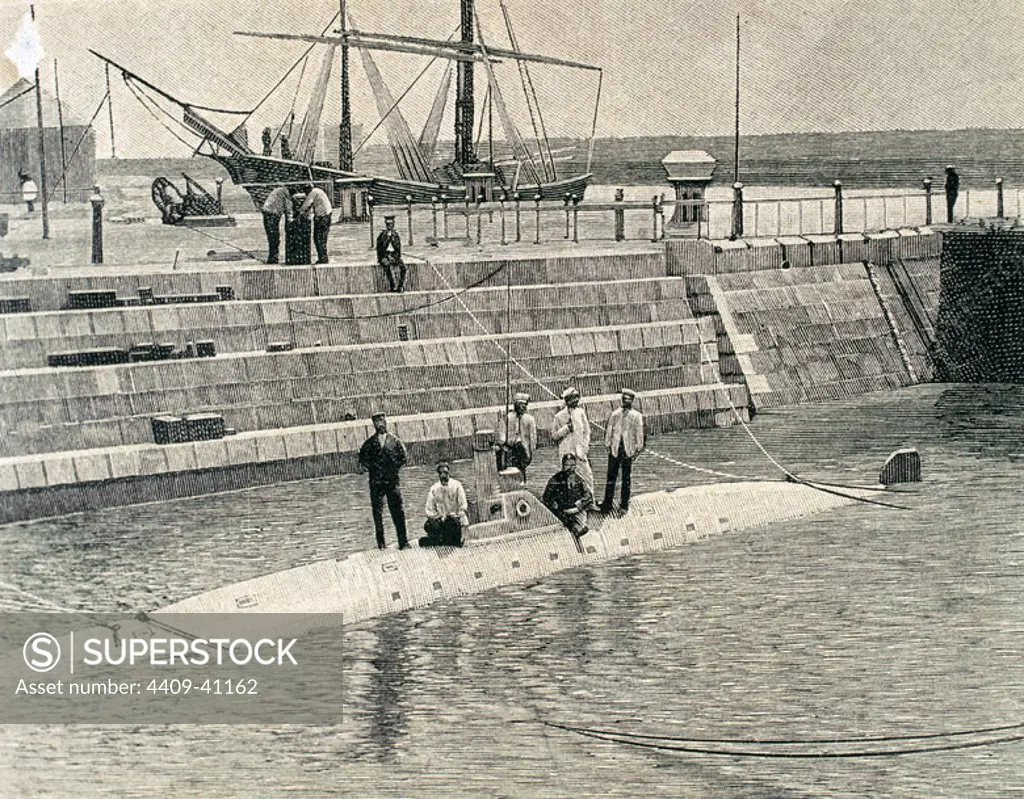 Isaac Peral (1852-1895). Spanish engineer, sailor and designer of the Peral Submarine. Partial tests verified the Peral submarine in the dock of Arsenal de la Carraca, 1889. Cadiz. Andalusia. Spain.