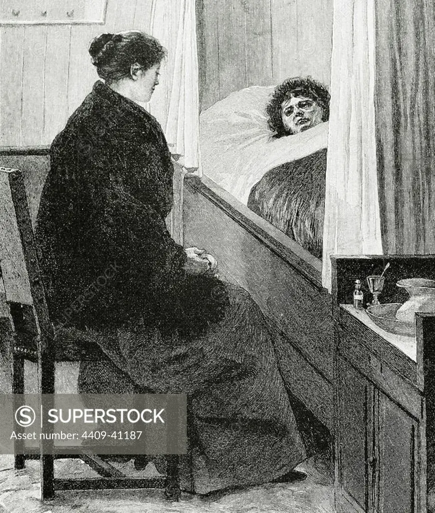 Visiting a sick woman. Engraving of "The Artistic Illustration," 1892.