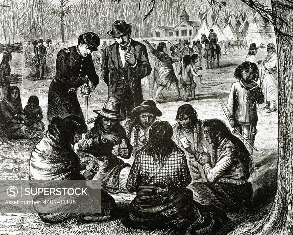 Montana Crow Indian Reservation after the confrontations that took place among a group of Dakota Indians and government agents. Engraving of "Harper's Weekly" (1887). USA.