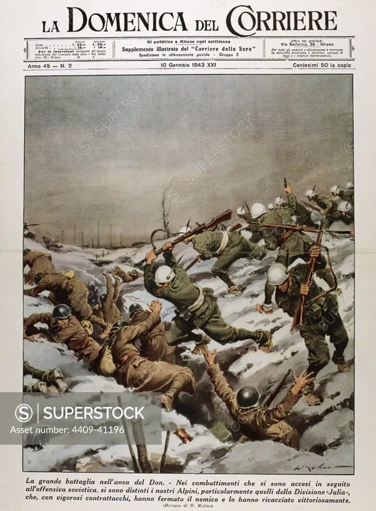 SECOND WORLD WAR. Battle of Stalingrad. River Don Front. Fighting between Russian and German troops."La Domenica del Corriere". Cover. 10 January 1943.