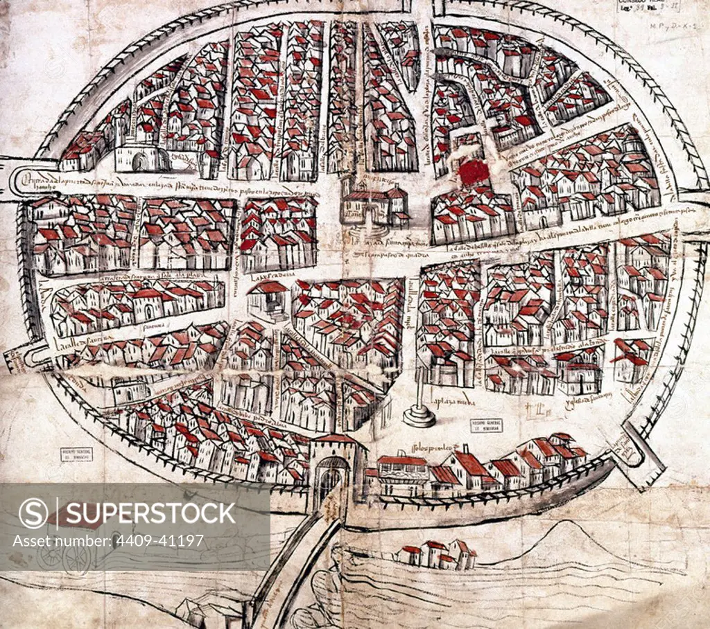 ARANDA DE DUERO, provincia de Burgos. Plano del año 1503. Archivo General de Simancas. Provincia de Valladolid. Castilla-León. España.