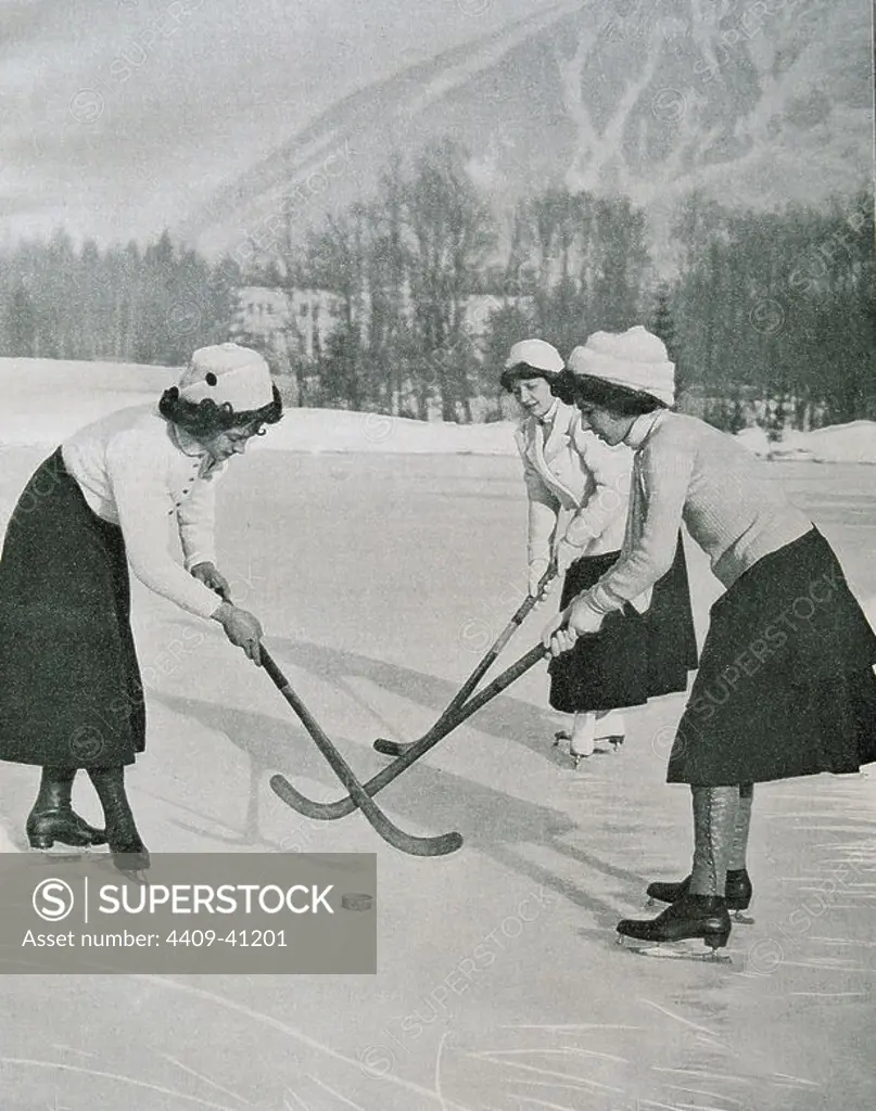Girls playing ice hockey in Chamonix. France. 1908.