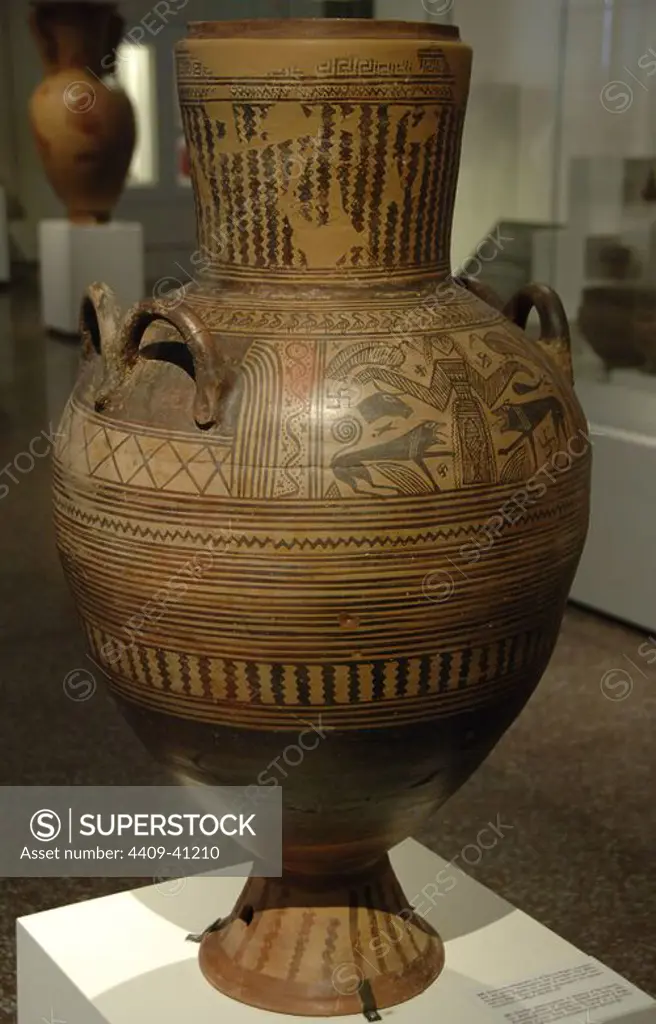 Greek Art. Archaic period. Greek pithos decorated with the great nature goddess flanked by lions and birds. It comes from Thebes (Boeotia) and is dated between 680-670 B.C. Oriental style. National Archaeological Museum. Athens. Greece.