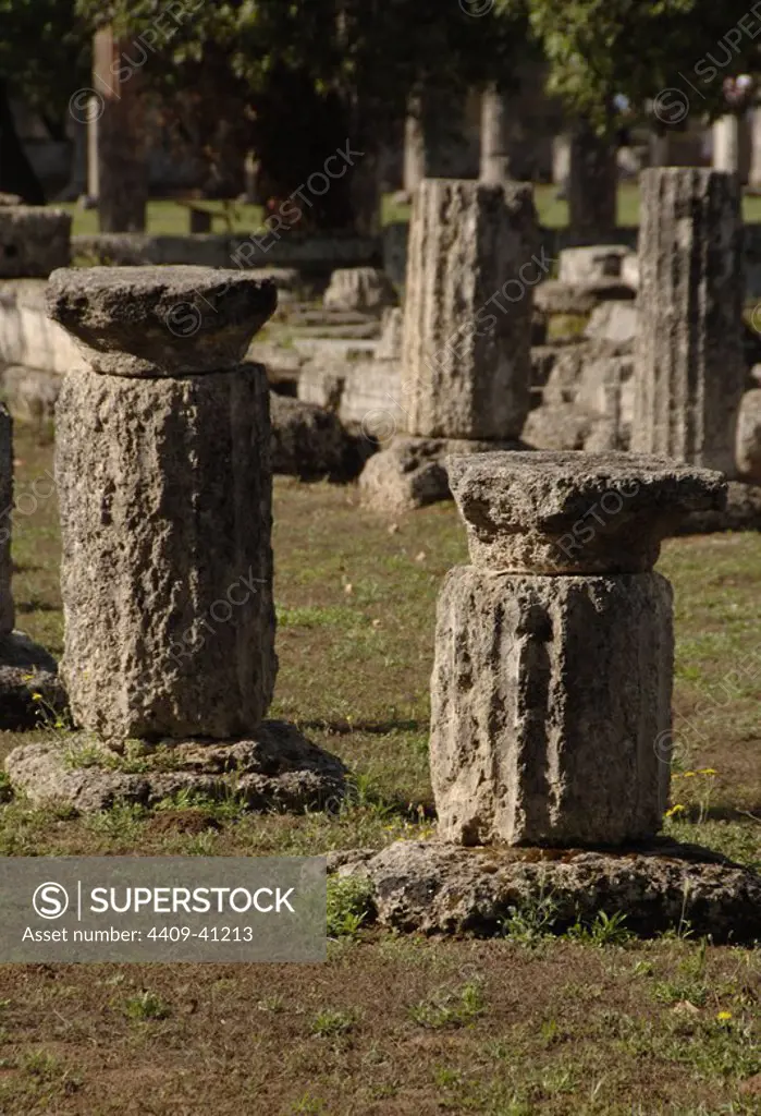 Greece. Peloponesse. Olympia. Santuary of ancient Greece in Elis. Gymnasium (2rd century BC). Hellenistic Period. Ruins. View.