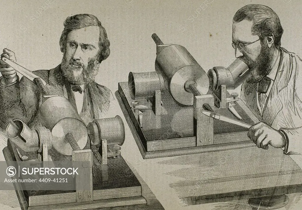 Phonograph. Created in 1877 by Thomas Alva Edison (Milan, Ohio, 1847-West Orange, 1931). Engraving.
