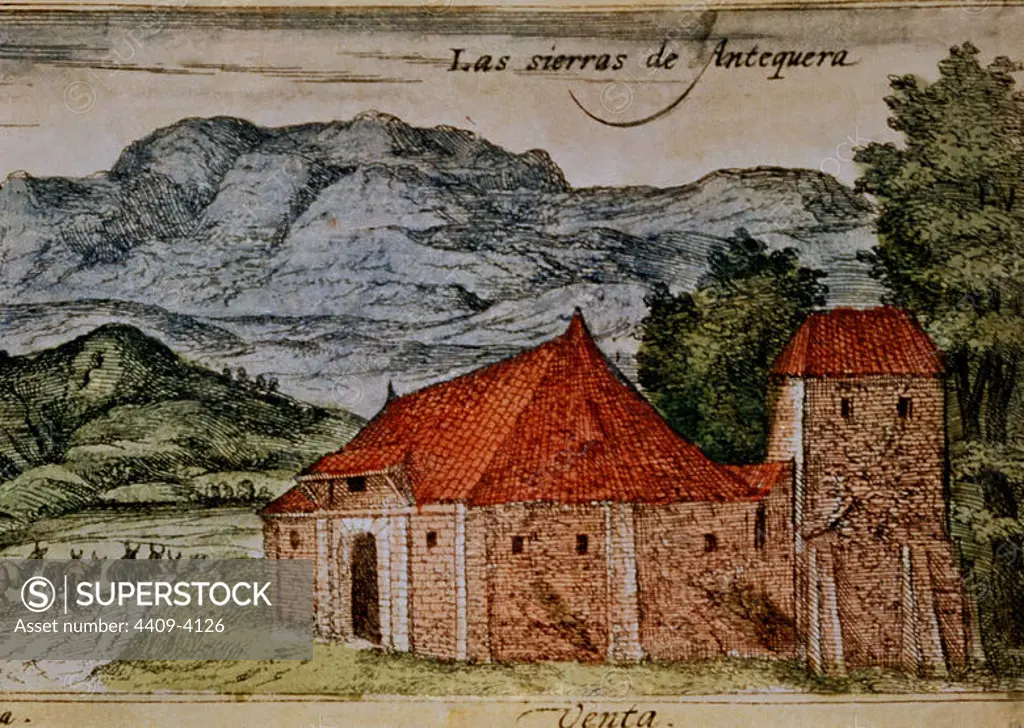 CIVITATES ORBIS TERRARUM - ARCHIDONA - DETALLE DE LAS SIERRAS DE ANTEQUERA CON UNA VENTA EN PRIMER TERMINO - GRABADO - SIGLO XVI - CONJUNTO 3039. Author: GEORG BRAUN 1541-1622 / FRANS HOGENBERG. Location: BIBLIOTECA NACIONAL-COLECCION. MADRID. SPAIN.