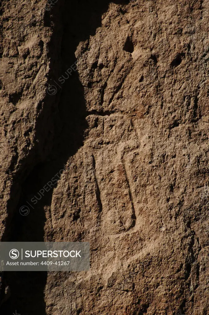 United States. Bandelier National Monument. Anasazi Culture, ancestrals Pueblo Indians. Detail of an petroglyph. State of New Mexico.