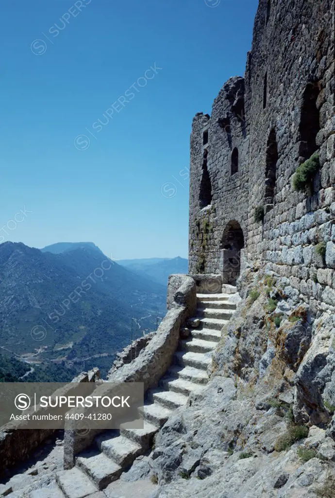 France. Aude. Peyrepertuse. Ruins of Cathar Castle. Built on a strategic location. French Pyrenees.
