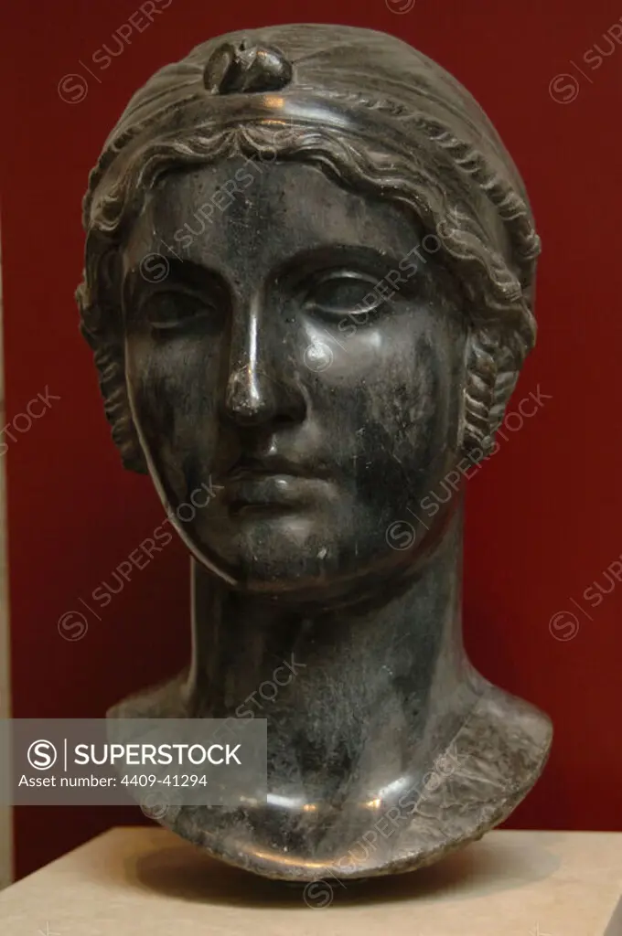 Sappho (c.612-c..570 B.C.). Ancient Greek poet. Bust. Black basalt. Copy of 16th-17th centuries from a Greek original. Palazzo Massimo. National Roman Museum. Rome. Italy.
