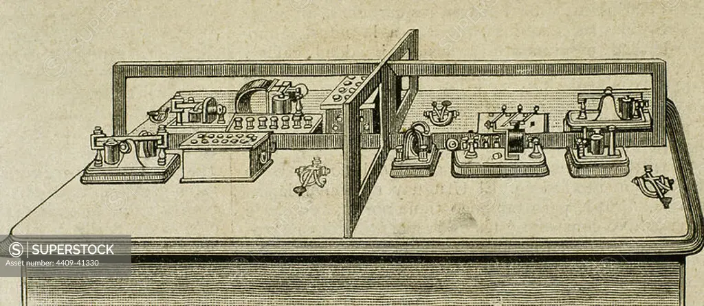 Quadruplex telegraph invented by Thomas Alva Edison (1847-1931) in 1874. It could send and receive four telegraph messages simultaneously on a single wire, two signals in each direction. Engraving.