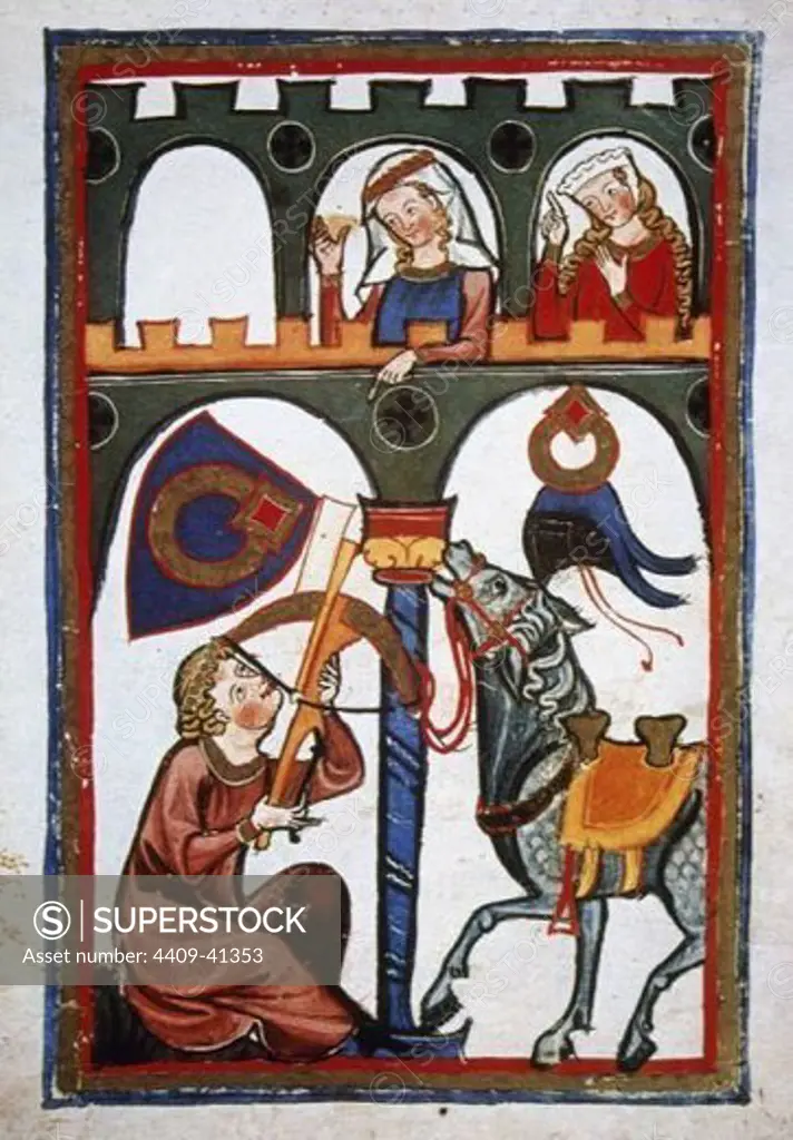 Rubin, Tyrolean ministerial from 12th century, in a castle sending a message to his loved with a crossbow. Codex Manesse (ca.1300) by Rudiger Manesse and his son Johannes. Miniature. Folio 169v. University of  Heidelberg. Library. Germany.