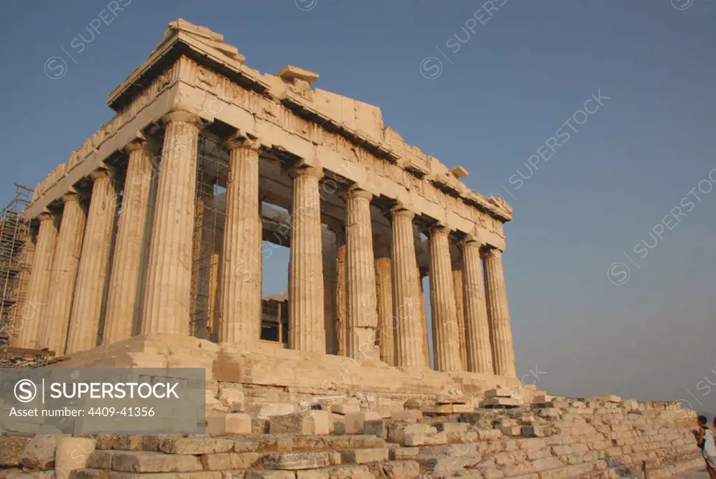 Greek Art. Parthenon. Was built between 447-438 BC. in Doric style under leadership of Pericles. The building was designed by the architects Ictinos and Callicrates. Acropolis. Athens. Attica. Central Greek. Europe.