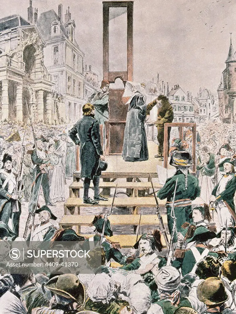 FRENCH REVOLUTION. An execution by guillotine. Sister Teresa on the scaffold to be guillotined in 1790. Colored engraving from "L'Illustration", 1901.