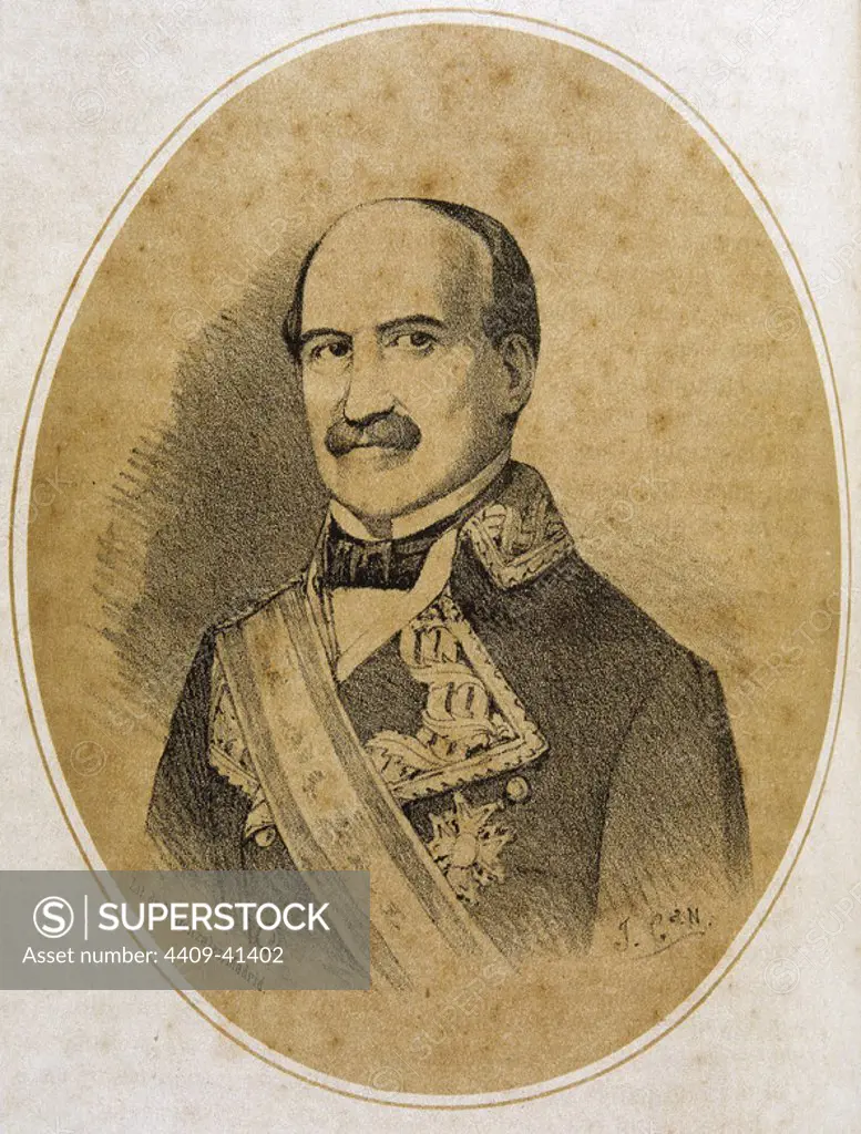 MANUEL GUTIERREZ DE LA CONCHA IRIGOYEN (1806-1874), marqués del Duero. Militar español. Luchó en la I Guerra Carlista. Fue Capitán General de Cataluña en 1847. Grabado S. XIX.