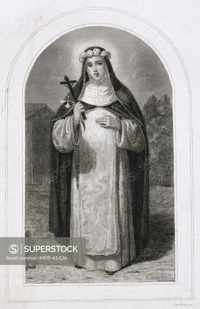SANTA ROSA DE LIMA (Isabel Flores de Oliva) (1586-1617). Religiosa y mística peruana de la Orden dominica. Grabado del siglo XIX.