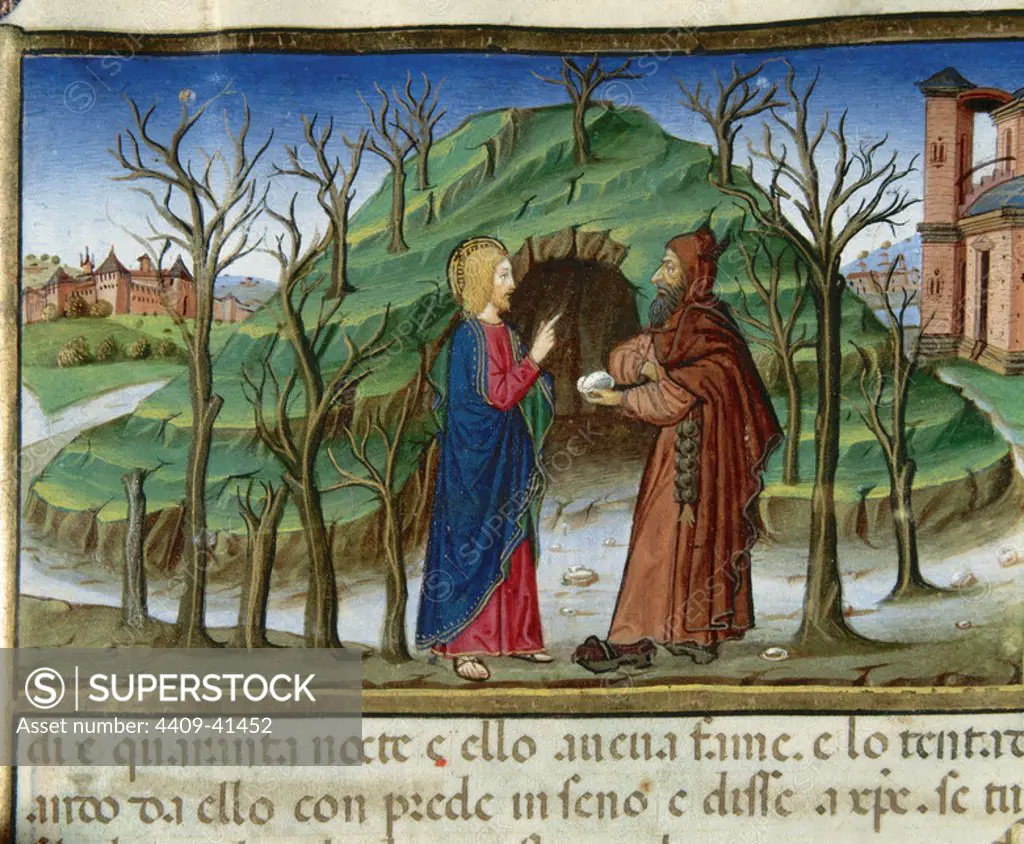 Jesus in the desert is tempted by the devil that takes him to a mountain. Codex of Predis (1476). Royal Library. Turin. Italy.
