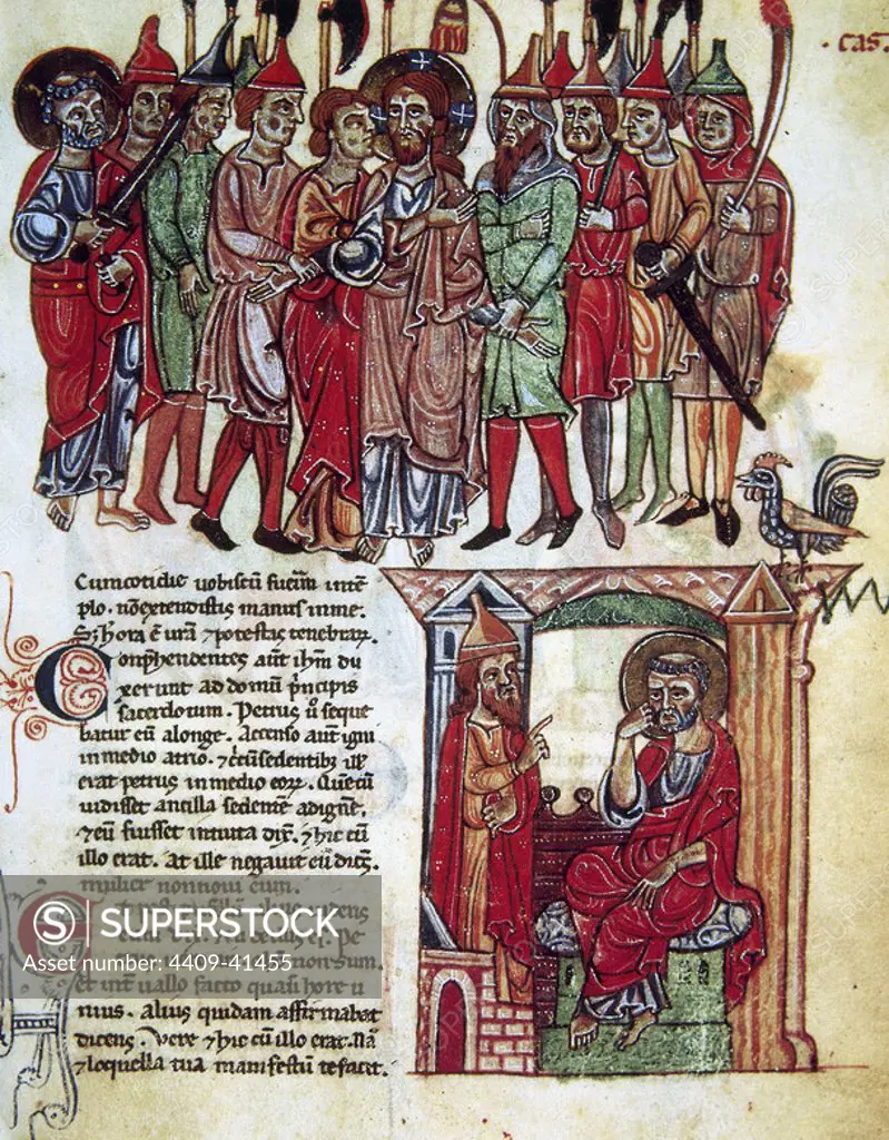 New Testament. Folio 63. The Kiss of Judas and the Apostle Peter Disowns Jesus. 13th century. Vatican Apostolic Library. Vatican City.