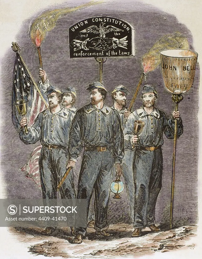 United States. Party supporters of John Bell, candidate of the Constitutional Union Party. Colored engraving from "L'Illustration Journal Universel, 1860.