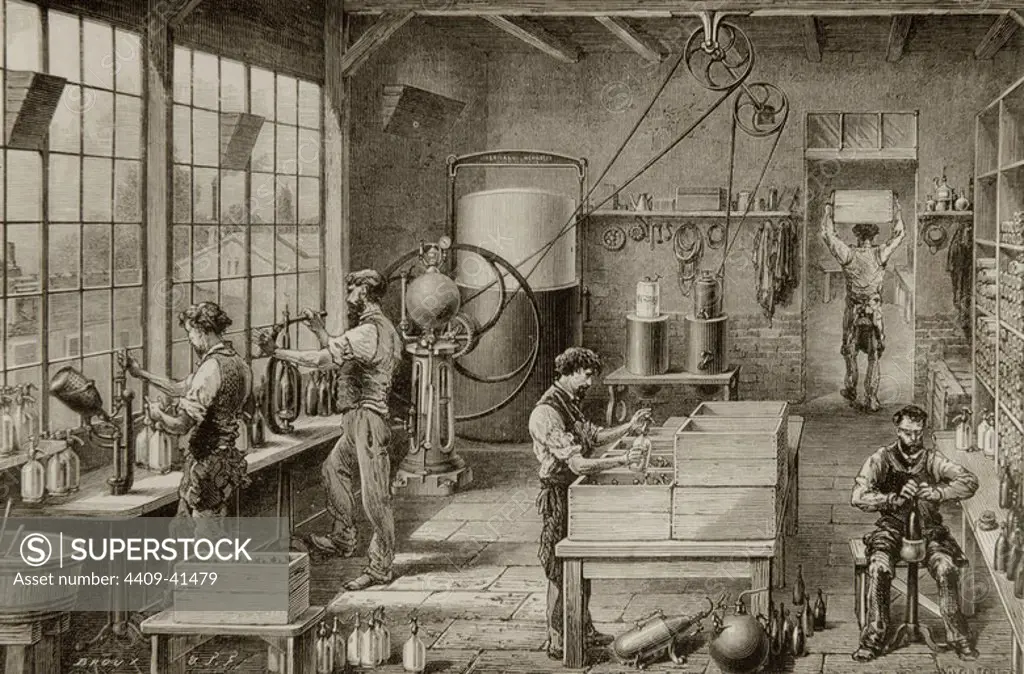 Fábrica de embotellado de bebidas gaseosas. Grabado de 1880.