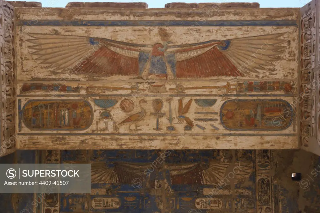 Temple of Ramses III. Reliefs depicting winged beetles with wings outstretched as a symbol of protection. New Kingdom. (1550-1069 b.C). Twentieth dynasty. Thebes. Medinet-Habou. Egypt.