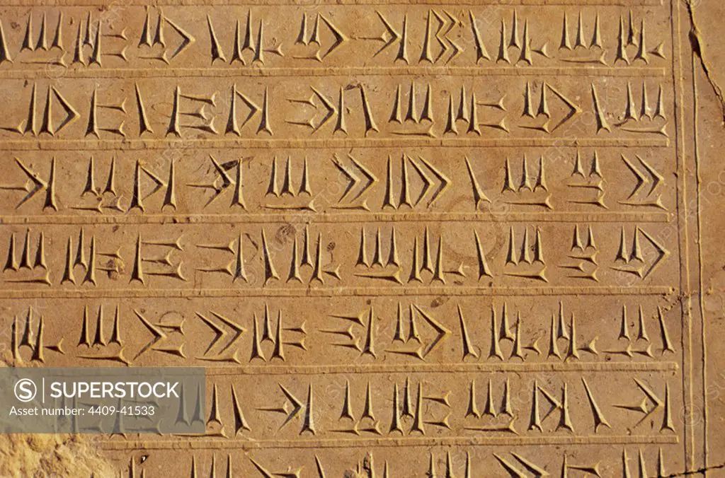 Persian Empire. Achaemenid period. Cuneiform writing on the wall of the Palace of Persepolis. 5th century B.C. Islamic Republic of Iran.