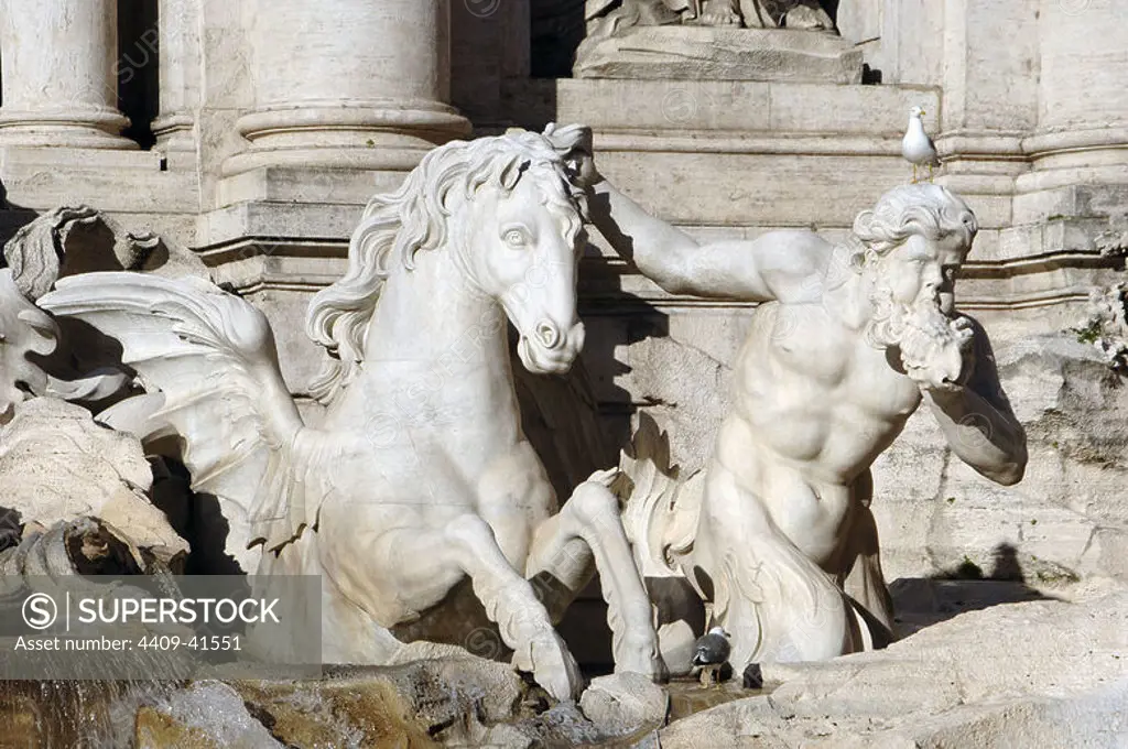 Italy. Rome. Trevi Fountain. Baroque. Designed by Nicola Salvi and completed by Pietro Bracci. 1762. Two tritons guide the carriage of Neptune, taming two Hippocampus. Detail of a Triton with a sea shell.