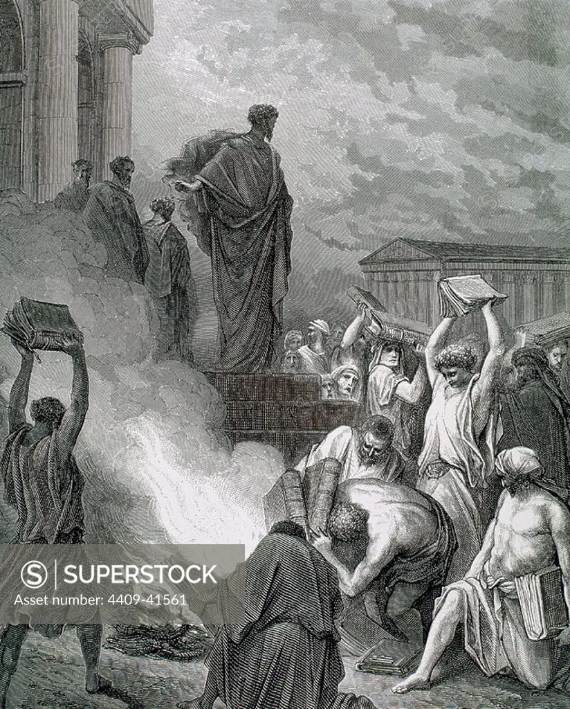 PAUL, Saint (Saul) (Tarsus, Cilicia, c.10-Rome, c. 67). "St. Paul at Ephesus. (Acts of the Apostles, Chapter XIX, verses 16 to 20). G. DORE drawing and engraving by J. Ettling.
