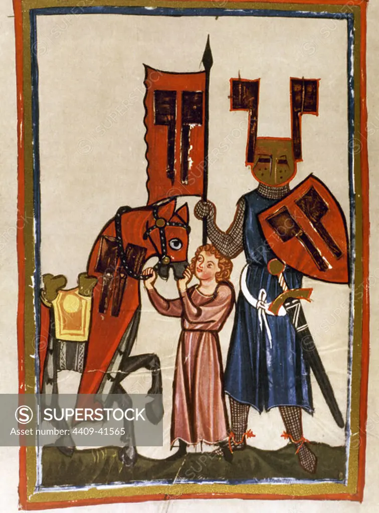 Wolfram von Eschenbach (Eschenbach, h.1170-Eschenbach, 1220), German poet, author of "Parzival", with harness and standard of assault. Fol. 149v. Codex Manesse (ca.1300) by Rudiger Manesse and his son Johannes. University of Heidelberg. Library. Germany.
