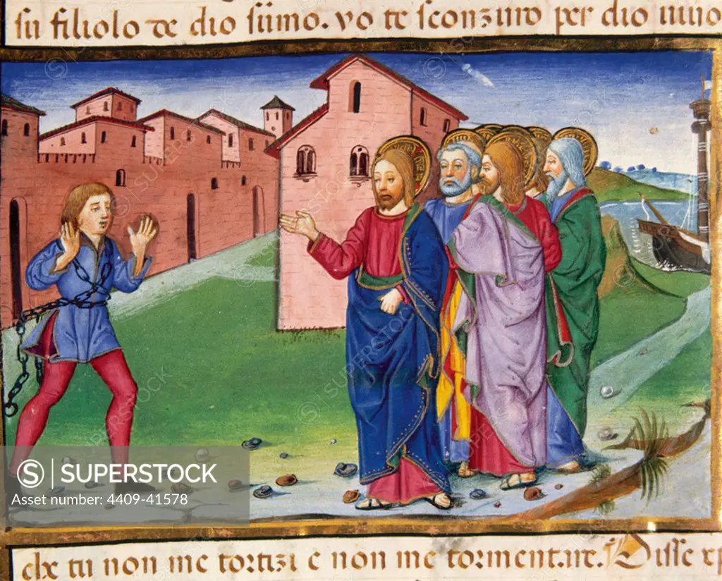 Jesus meets a man possessed by evil spirits. Codex of Predis (1476). Royal Library. Turin. Italy.