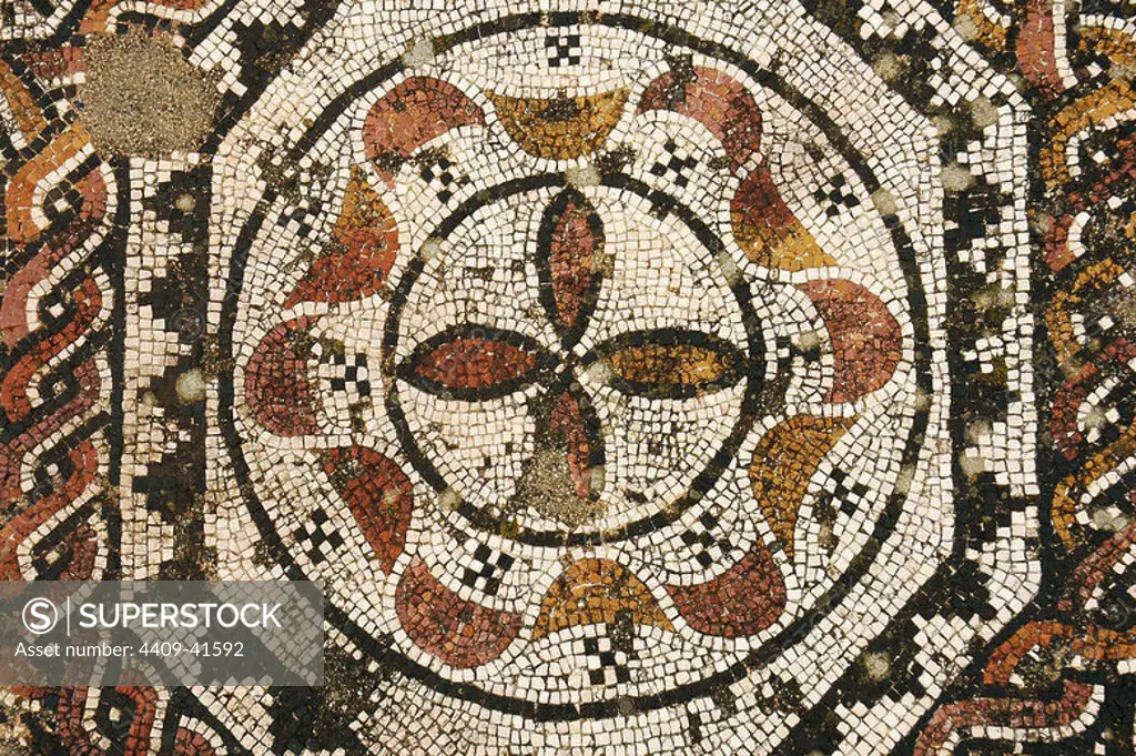 Roman Art. Portugal. Roman Villa of Pisoes. 1st to 4th century. Polychrome mosaic decorated with geometric motifs. Detail. Near Beja. El Alentejo.