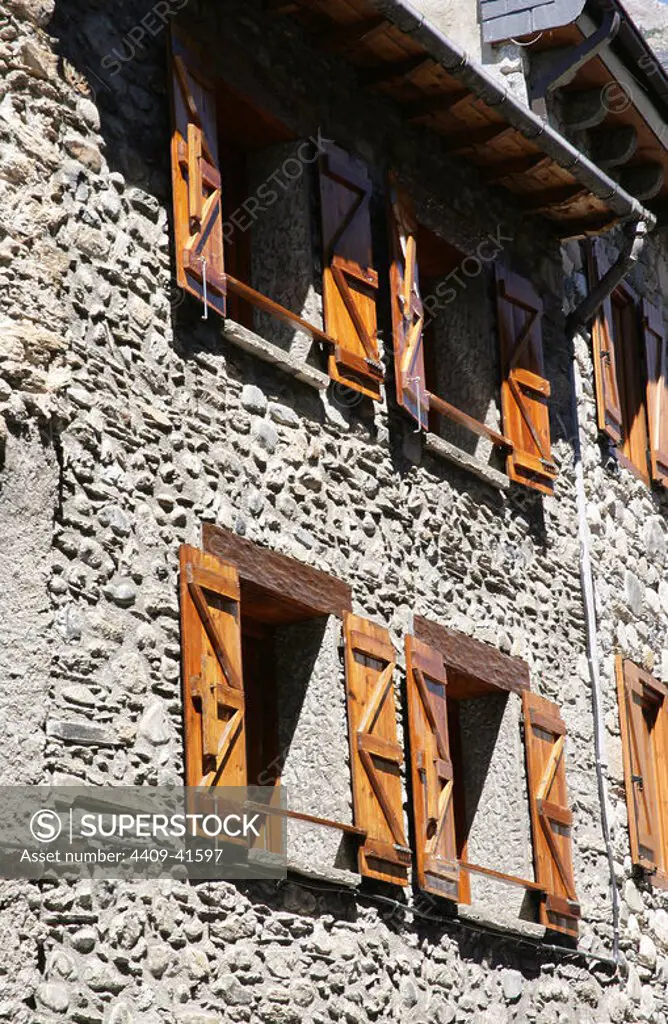 Spain. Aragon. Benasque. Pyrenees. Traditional architecture. Facade of a house. Detail.