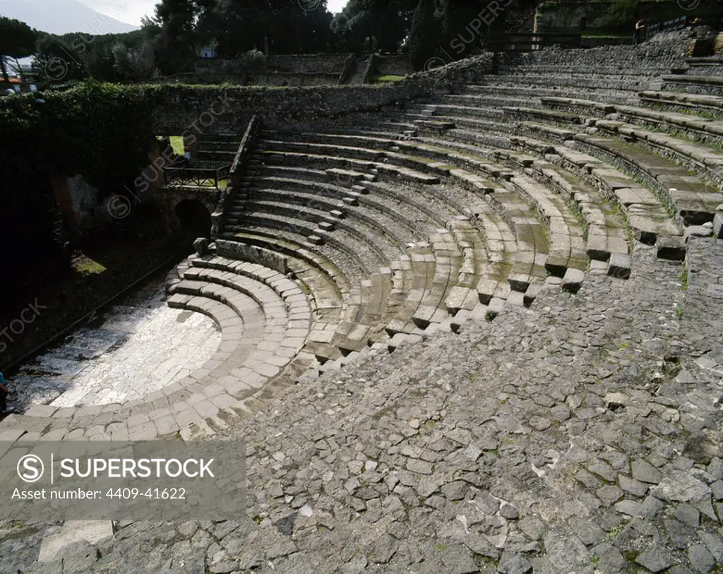 Italy. Pompeii. Small Theatre or odeon. 1st century B.C. It shows the typical design of the Greek theatre with its structure embanked in the natural slope of the terrain.