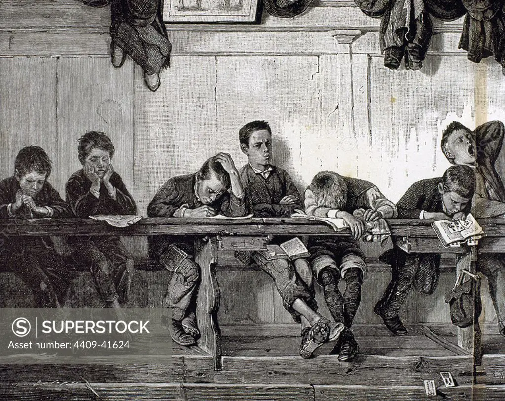 Bank of punished in a school. Engraving, 1884.
