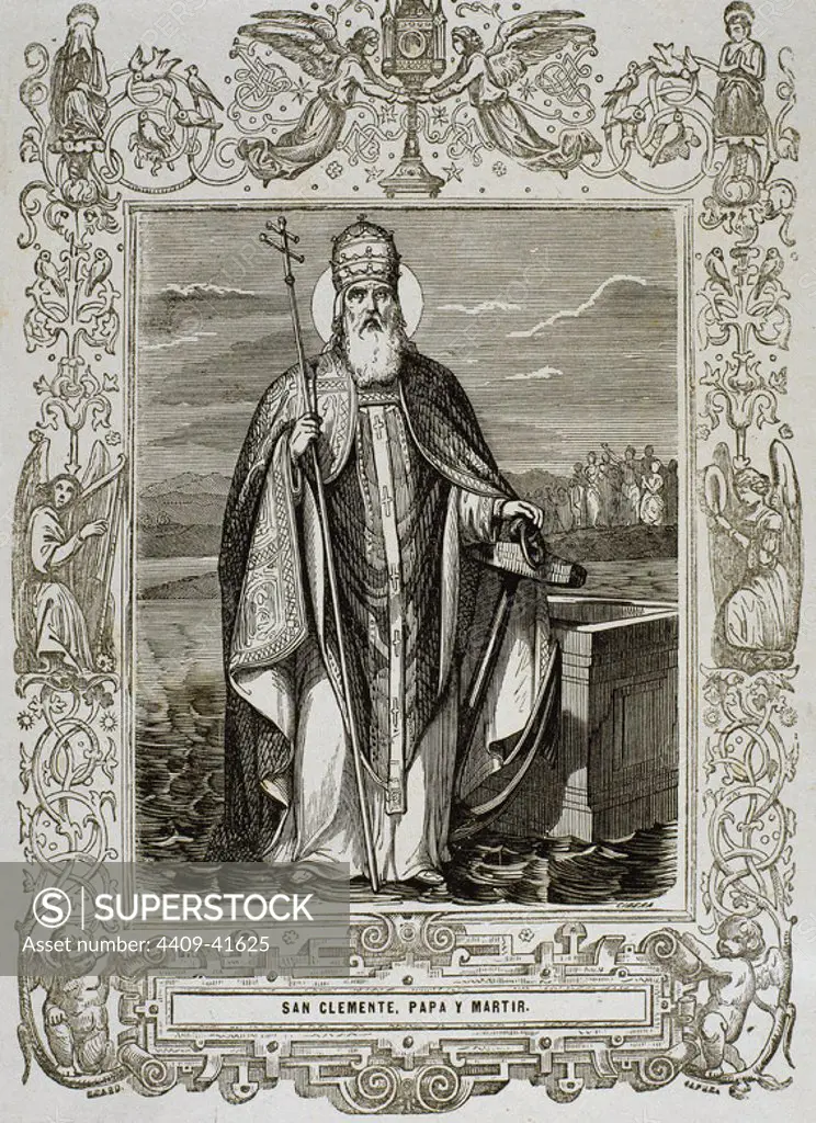 Pope Saint Clement I also known as Saint Clement of Rome. Bishop of Rome. He was the first Apostolic Father of the Church. Engraving by Cibera.