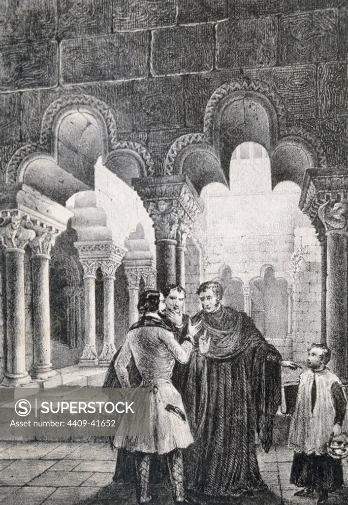 Spain. Barcelona. Cloister of Sant Pau del Camp with a visitor talking with two monks of the community. Engraving made __by the Spanish romantic painter and printmaker Francisco Javier Parcerisa (1803-1875).