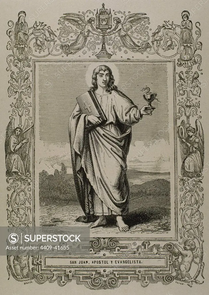 Saint John the Evangelist (c. 1 AD - c. 100), author of the Gospel of John. Engraving by Capuz.