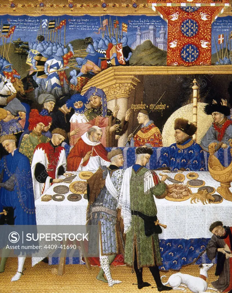 John, Duke of Berry's household exchanging New Year gifts. The Duke is seated at the right, in blue. "Tres Riches Heures du Duc de Berry." 15th century. Miniature. Chateau de Chantilly. France.