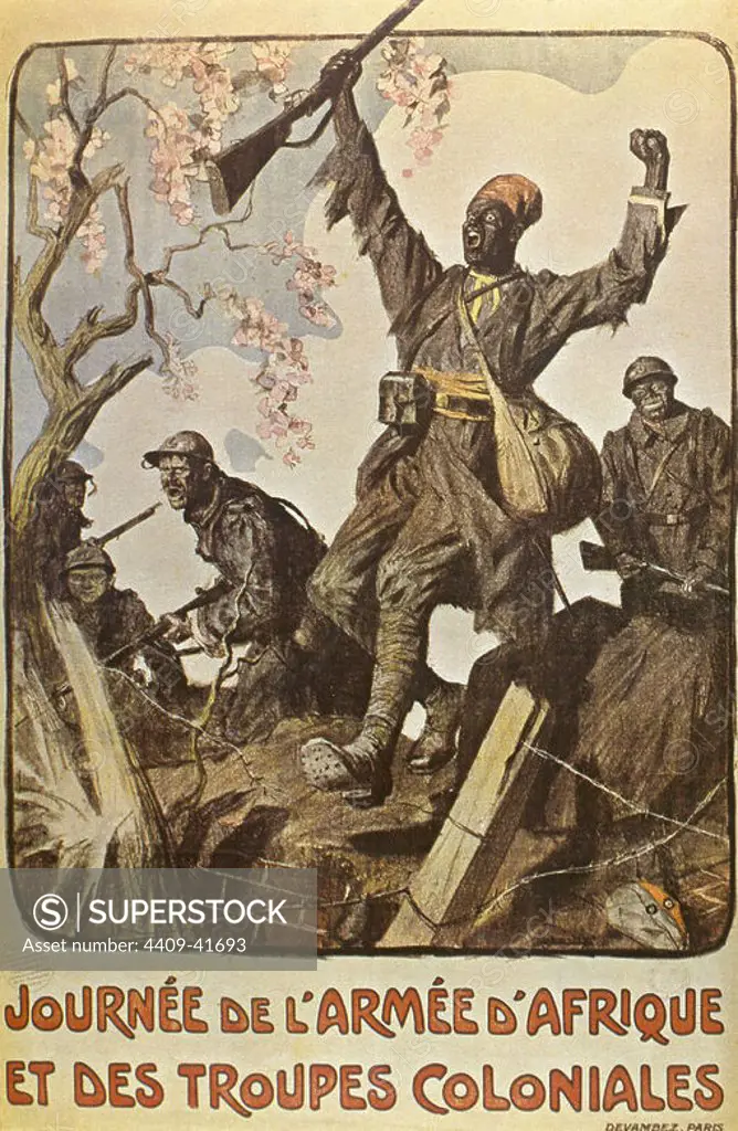 WORLD WAR (1914-1918). Poster."Day of the african army and colonial troops" by Lucien Hector Jonas (1880-1947). Paris. France.