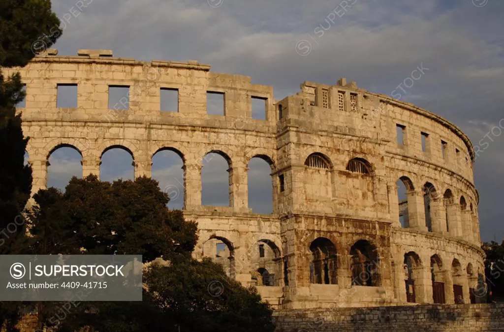 CROATIA. Roman Amphitheater. Built in the first century A.D. Declared a World Heritage Site by UNESCO. Outside view. Pula. Istrian Peninsula.