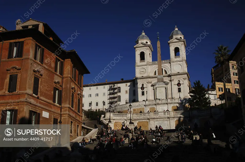Italy. Rome. Church of the Trinita dei Monti, 16th century, and the Sallust Obelisk of the Roman imperial period. Spanish Square.