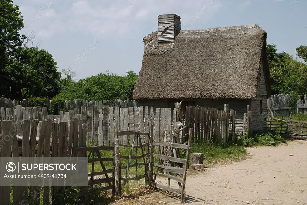 Plimoth Plantation or Historical Museum. Is a living museum in that shows the original settlement of the Plymouth Colony established in the 17th century by English colonists. English village. House. Plymouth. Massachusetts. United States.