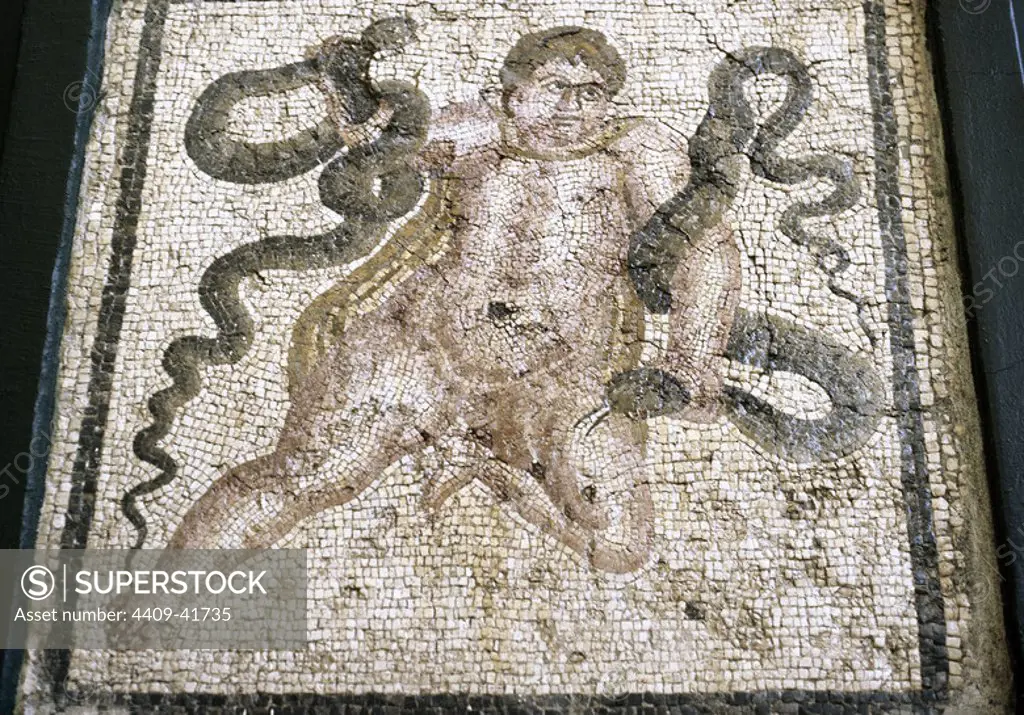 Heracles. Divine hero in Greek mythology. Roman mosaic. Child Heracles with snakes. Antakya. Turkey.