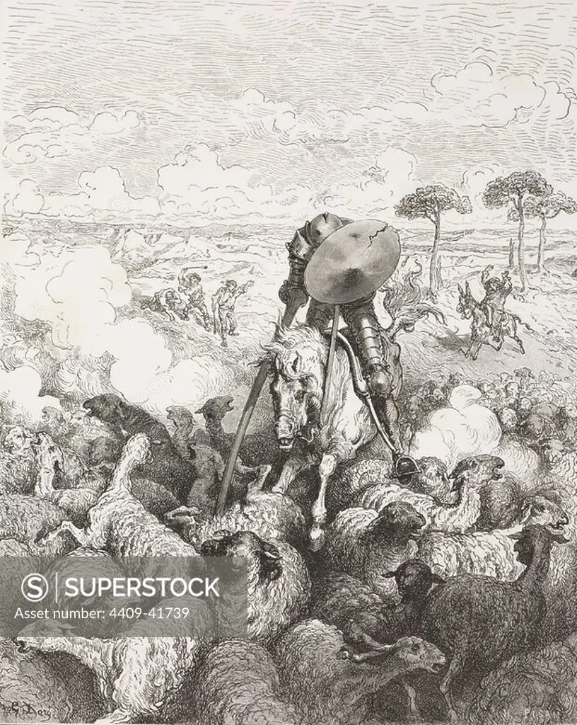 Spanish literature. "The Ingenious Hidalgo Don Quixote of La Mancha", written by Miguel de Cervantes Saavedra (1547-1616). Don Quixote attacking the flock of sheep and goats. Gustave Dore engraving.